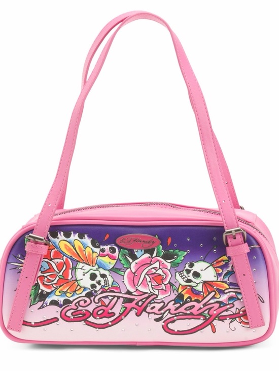 Ed Hardy Handbags - Ed Hardy Pink Satchel Bag Adjustable Straps Skull Flowers Rhinestone Y2K NWT $80
